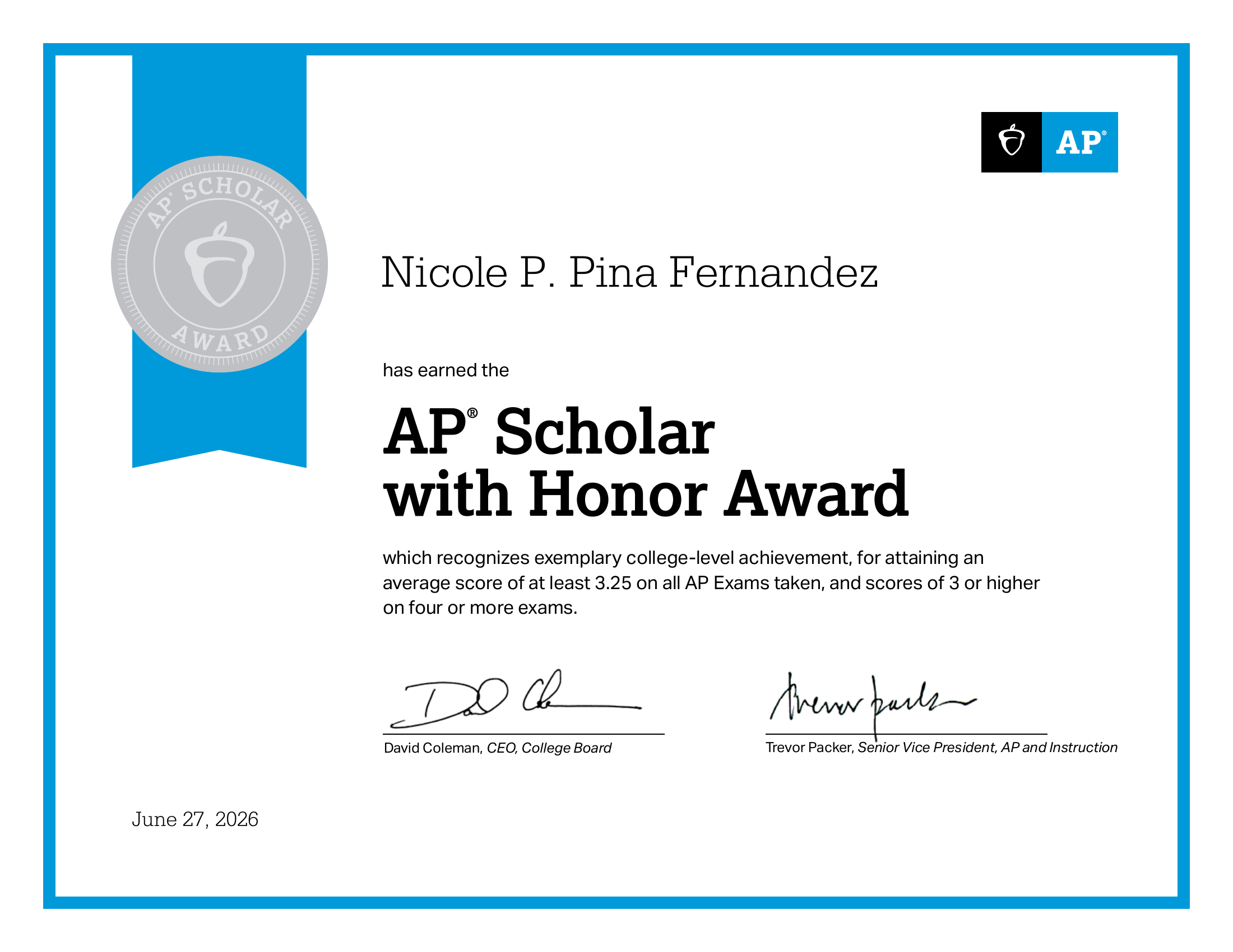 AP Scholar with Honor Award certificate for Nicole Pina Fernandez