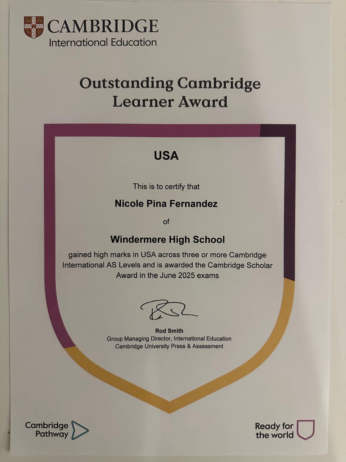 Outstanding Cambridge Learner Award certificate for Nicole Pina Fernandez
