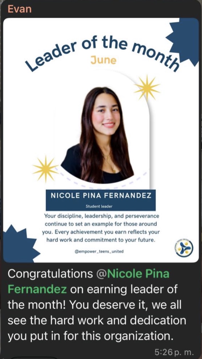 Empower Teens United Leader of the Month recognition for Nicole Pina Fernandez